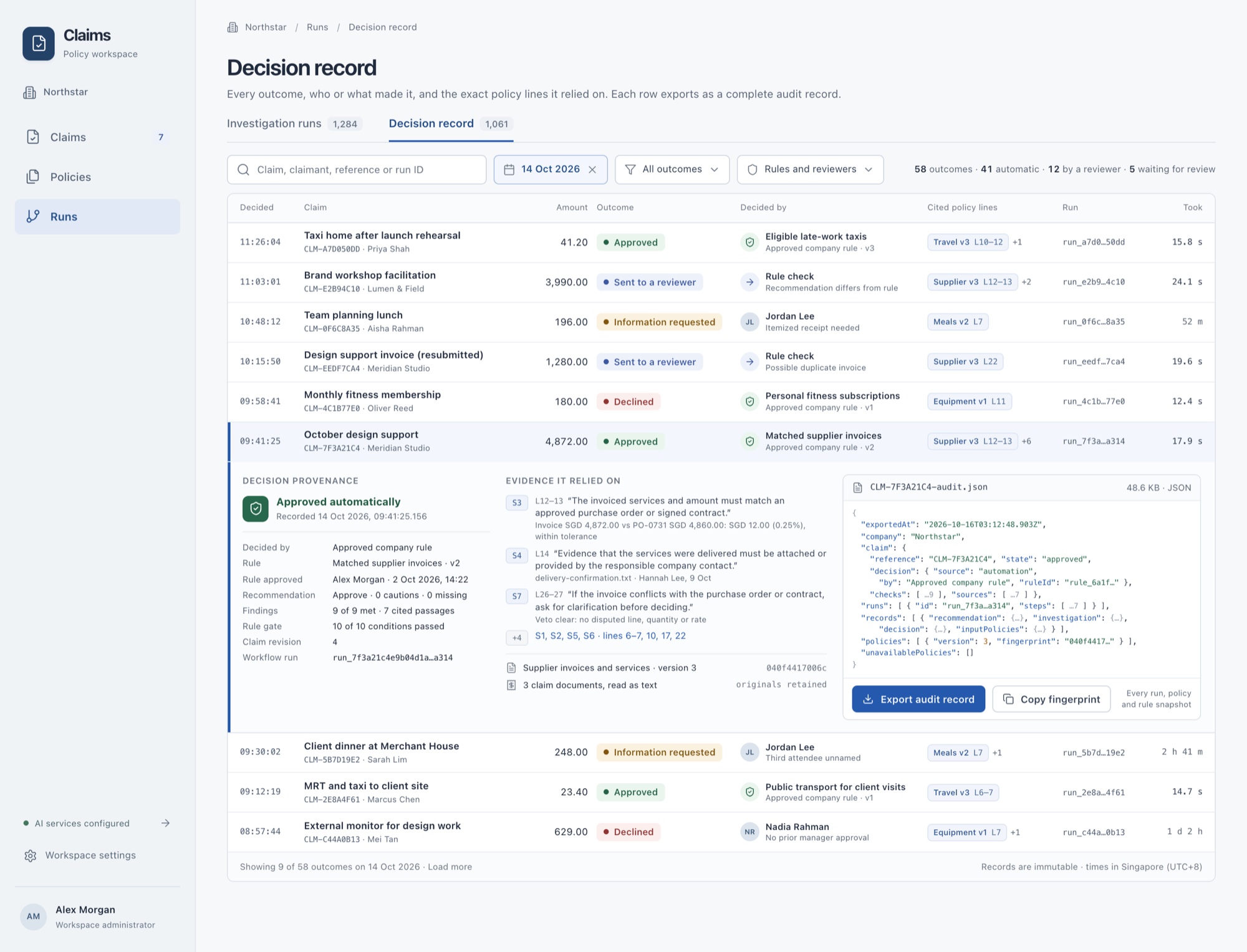 Decision record: every outcome with who decided it and the cited policy lines, one row expanded into its audit record