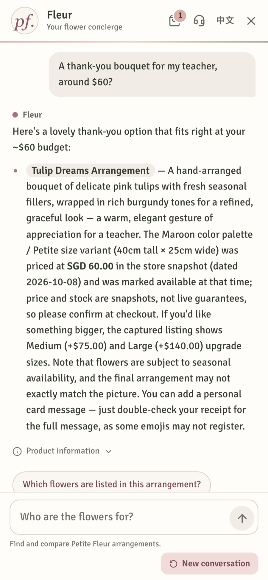 Florist shopping assistant on a phone recommending a bouquet